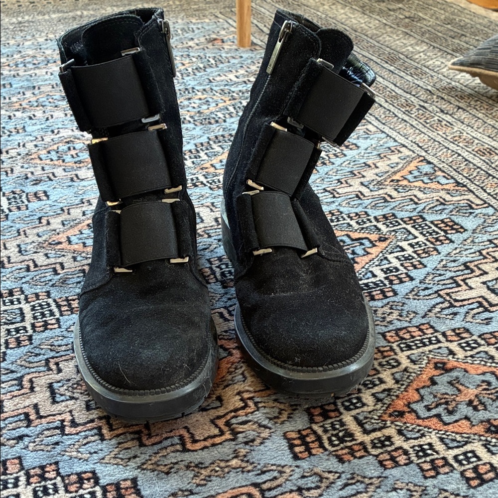 Aquatalia Liv Black Moto Boots with Buckle Accents